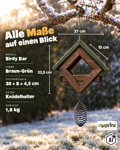 Vogelhaus Birdy Bar aus Holz mit hängender Futterstelle und Meisenknödelhalter inklusive Maßangaben für den Garten.