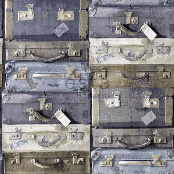 ESTAhome Tapete Vintage Koffer Blau und Braun - 53 cm x 10.05 m - 138215