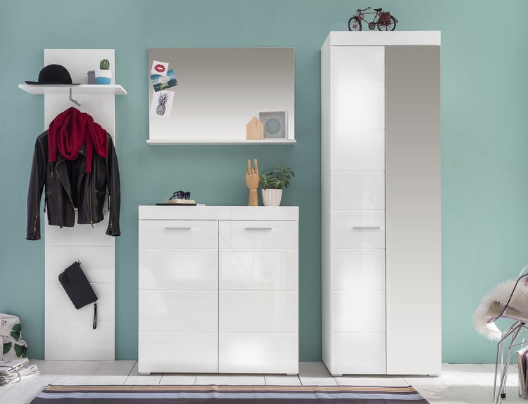 Moderne Flurkombination in Weiß-Hochglanz und Grau, bestehend aus Garderobenschrank, Kommode, Spiegel mit Ablage und Wandpaneel.