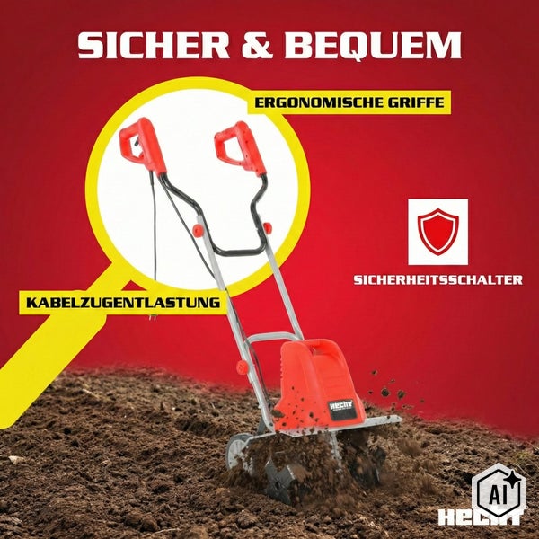 Elektro Bodenhacke von Hecht mit ergonomischen Griffen, Kabelzugentlastung und Sicherheitsschalter für den Garten.