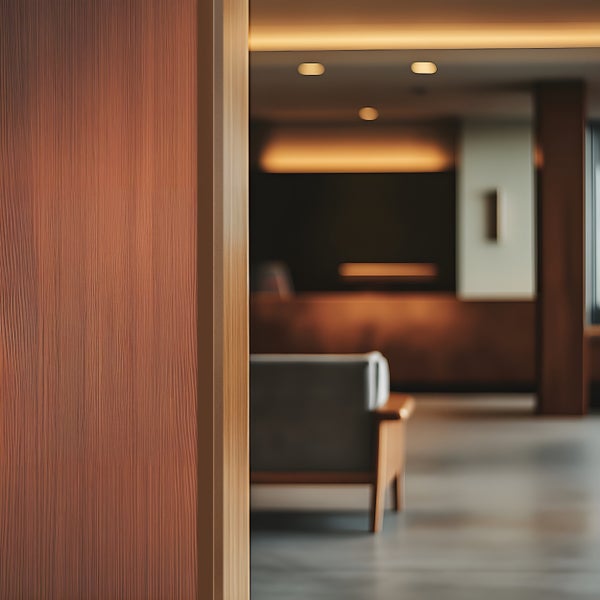 Detailaufnahme einer Holztür mit hell erleuchtetem Innenraum