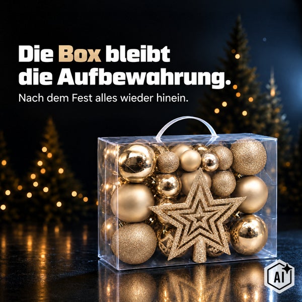 Transparente Aufbewahrungsbox gefüllt mit verschiedenen glänzenden und matten Weihnachtsbaumkugeln und einem Stern.