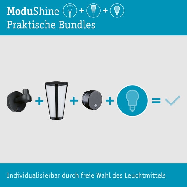 ModuShine Set bestehend aus Wandhalterung, Lampenschirm, Sensor und Leuchtmittel zur individuellen Gestaltung der Außenbeleuchtung.