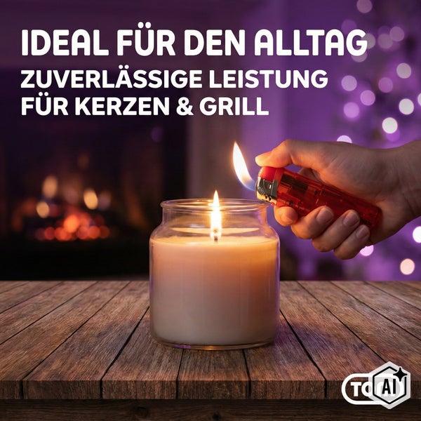Ein Tom Feuerzeug wird verwendet, um eine Kerze in einem Glas auf einem Holztisch anzuzünden.
