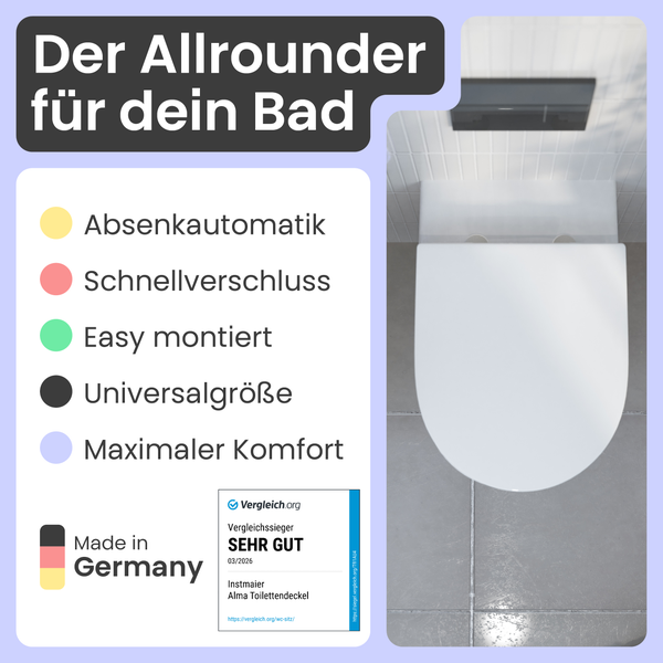 Instmaier Alma Toilettendeckel mit Absenkautomatik, Schnellverschluss und Universalgröße. Hergestellt in Deutschland. Testurteil Sehr Gut.