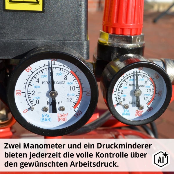 Zwei Manometer und ein Druckminderer eines Kompressors zur präzisen Kontrolle des Arbeitsdrucks mit Skalen in Bar und Pfund pro Quadratzoll.