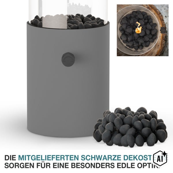 Tischkamin mit Glaszylinder und beiliegenden Dekosteinen für eine stimmungsvolle Atmosphäre im Innenbereich oder Außenbereich.