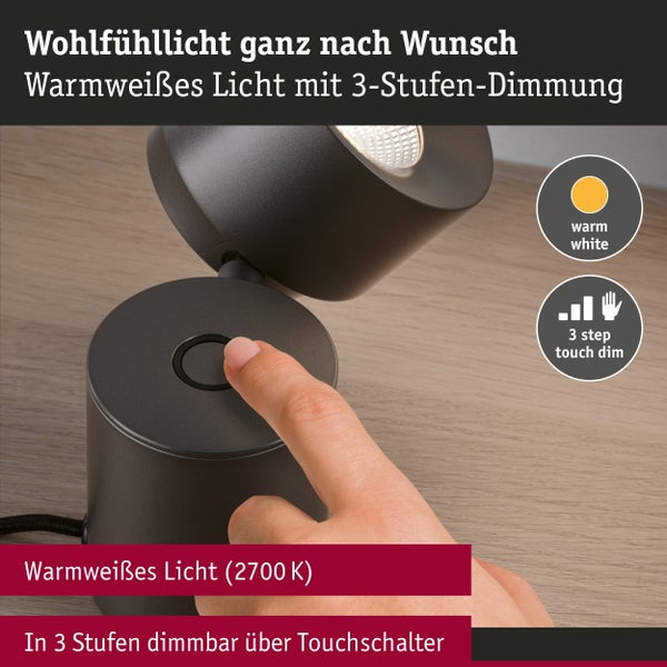 Vielseitige LED Leuchte zur Tisch- oder Wandmontage mit schwenkbarem Leuchtenkopf zur flexiblen Lichtausrichtung.