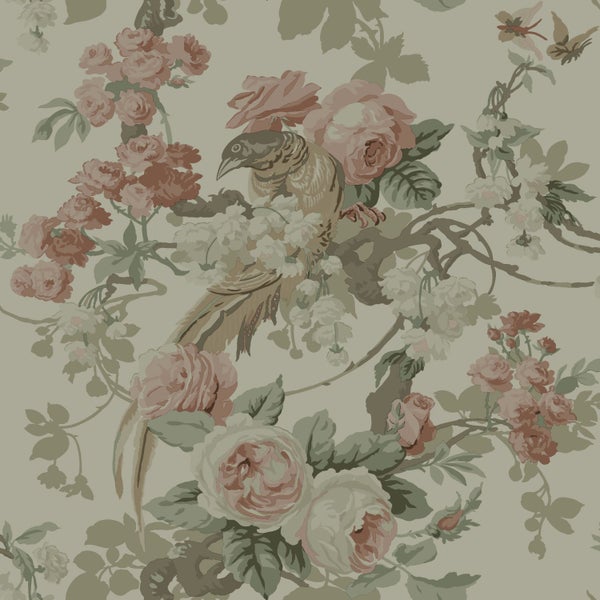 ESTAhome Tapete Blumen und Vögel Graugrün - 50 x 900 cm - 139810