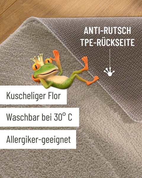 Badematte mit kuscheligem Flor, rutschfester TPE-Rückseite, waschbar bei 30 Grad und für Allergiker geeignet.