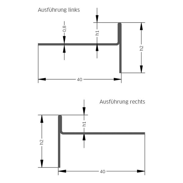 Technische Zeichnung eines Profils mit Maßangaben von 40 und 0,8 Millimetern in linker und rechter Ausführung.