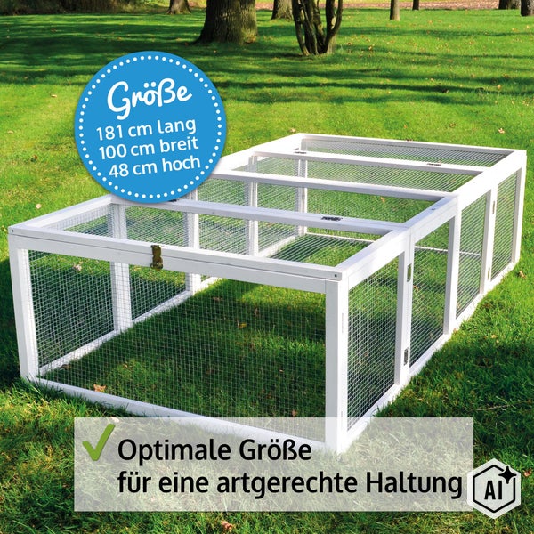 Freigehege für Kleintiere aus Holz mit Drahtgitter Maße 181 Zentimeter mal 100 Zentimeter mal 48 Zentimeter für artgerechte Haltung im Garten