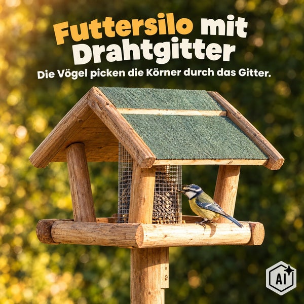 Holz Vogelfutterhaus mit Drahtgitter Futtersilo und Blaumeise im Garten