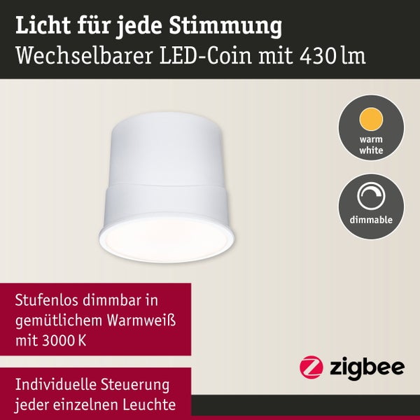 Produktverpackung eines Paulmann LED Moduls mit technischen Daten wie 430 Lumen, 230 Volt und Zigbee 3.0 Kompatibilität zur intelligenten Steuerung.