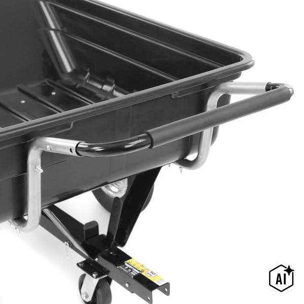 Detailansicht eines Kunststoff Transportanhängers mit Griff und Metallrahmen für den Gartenbetrieb