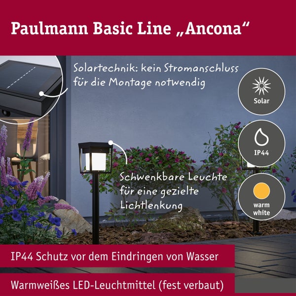 Paulmann Basic Line Ancona Solar Außenleuchte für den Garten mit fest verbautem warmweißen LED Leuchtmittel und IP44 Schutz gegen Spritzwasser.