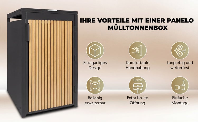 Panelo Mülltonnenbox aus Metall mit Holzlatten, Vorteile: Design, Handhabung, wetterfest, erweiterbar, 62 Zentimeter Öffnung und einfache Montage.