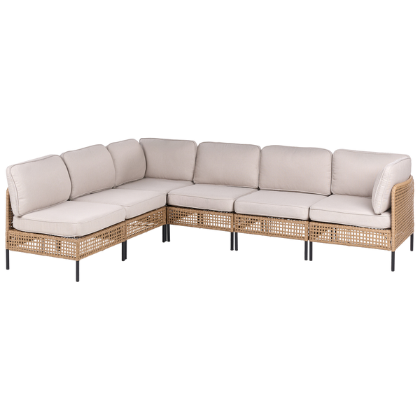 Gartensofa-Ecklounge mit Rattanoptik und hellen Polstern