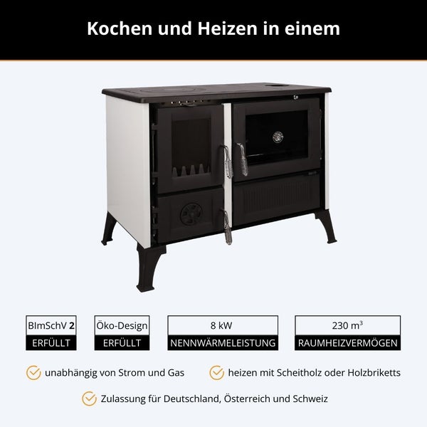 Holzherd zum Kochen und Heizen mit 8 Kilowatt Nennwärmeleistung und 230 Kubikmeter Raumheizvermögen. Erfüllt BImSchV 2 und Öko-Design.