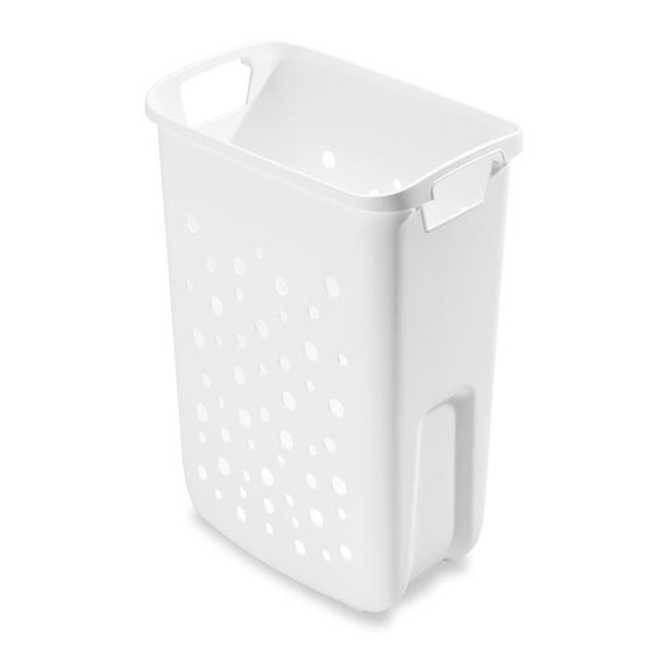 Weißer Wäschesammler aus Kunststoff mit integrierten Tragegriffen und Belüftungslöchern.