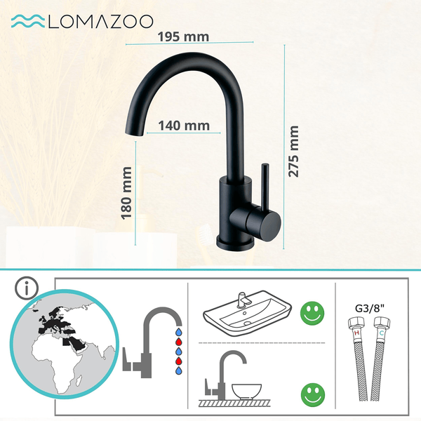 Lomazoo Waschtischarmatur mit Maßangaben und Installationsübersicht für Waschbecken und Anschluss G3/8 Zoll.