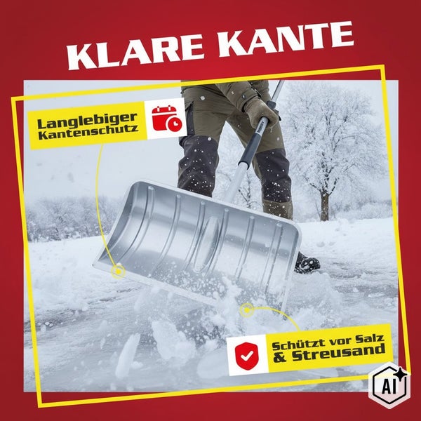 Person beim Schneeräumen mit einer Schneeschaufel mit langlebiger Kante, die vor Salz und Streugut schützt.