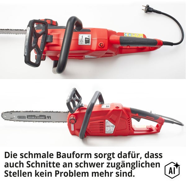 Elektrokettensäge mit 2400 Watt Leistung, 40,5 Zentimeter Schwertlänge, 5,0 Kilogramm Gewicht und Oregon Qualitätsschwert