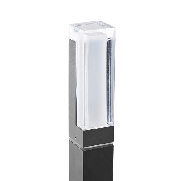 Moderne rechteckige Außenstehleuchte mit dunkelgrauem Metallsockel und transparentem Acryl-Lichtelement.