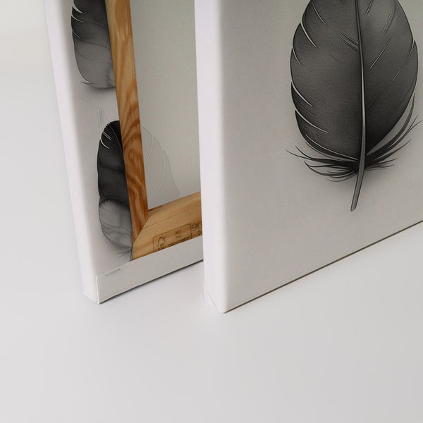 Detailansicht zweier Leinwandbilder mit Feder Motiven und Holzrahmen