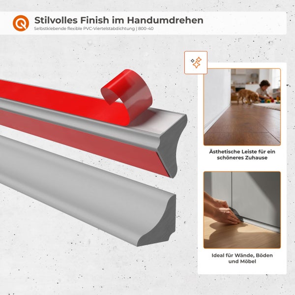 Vielseitig einsetzbare, selbstklebende, flexible PVC Viertelstab Dichtung für Böden, Fenster, Möbel und Treppen.