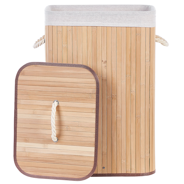 Wäschekorb aus Bambus mit Stoffeinsatz, abnehmbarem Deckel und seitlichen Seilgriffen.