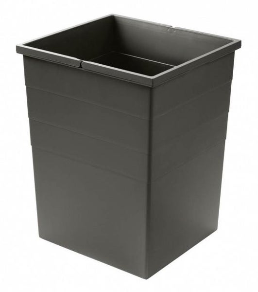 Quadratischer Abfalleimer aus dunkelgrauem Kunststoff für Mülltrennsysteme.