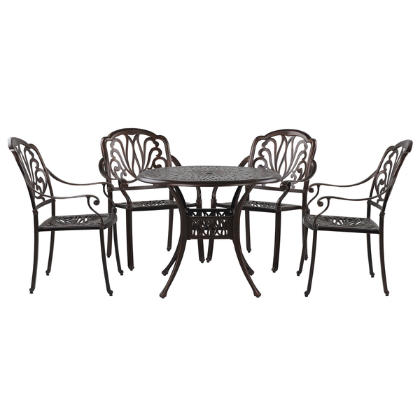 Gartenmöbel-Set aus Aluguss bestehend aus einem runden Tisch und vier Stühlen mit ornamentalen Verzierungen.