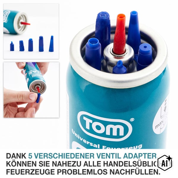 TOM Universal Feuerzeuggas Nachfülldose mit fünf verschiedenen Ventiladaptern für handelsübliche Feuerzeuge