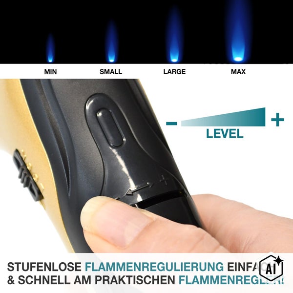Gasbrenner mit stufenloser Flammenregulierung und Einstellrad für die Flammengröße zur einfachen und schnellen Bedienung.