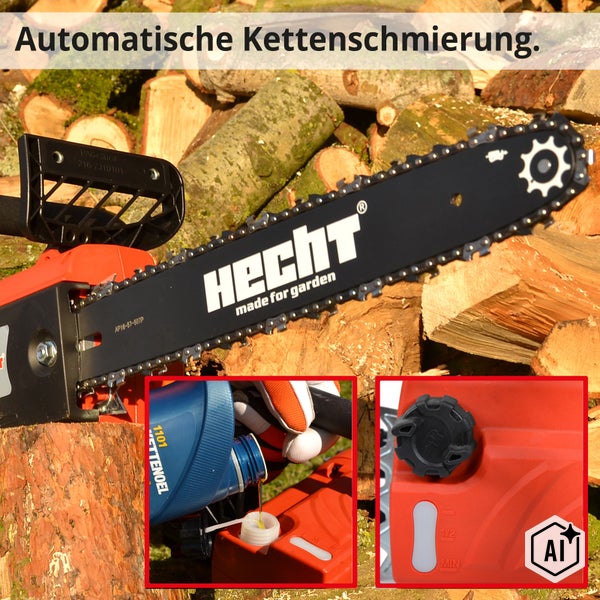 Hecht Kettensäge mit automatischer Kettenschmierung und Details zum Öltank und Einfüllvorgang vor einem Stapel Brennholz.