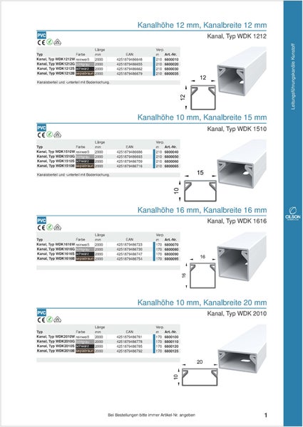 Kabelkanal Typ WDK mit verschiedenen Größenangaben