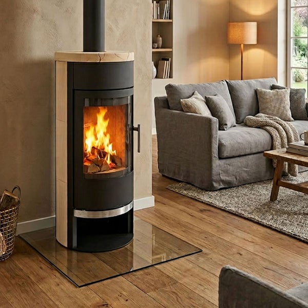 Moderner Kaminofen mit Natursteinverkleidung und brennendem Feuer in einem gemütlich eingerichteten Wohnzimmer mit Sofa.