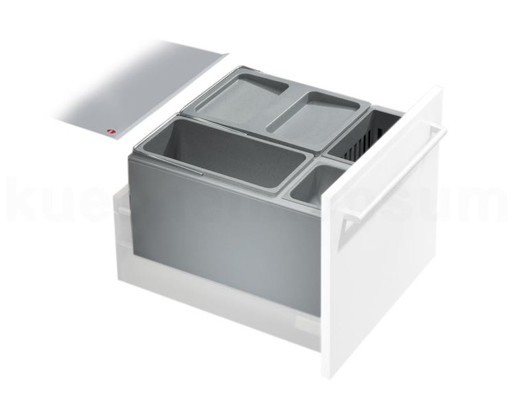 Abfalltrennsystem für Küchenschubladen mit grauen Kunststoffbehältern in einem weißen Auszug.