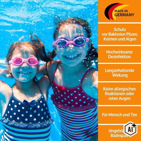 Zwei Kinder schwimmen unter Wasser im Pool, begleitet von Produktvorteilen zur Wasserdesinfektion und dem Made in Germany Siegel.