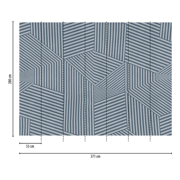 Fototapete mit abstraktem geometrischem Streifenmuster, 280 Zentimeter Höhe und 371 Zentimeter Breite, 53 Zentimeter Bahnbreite.