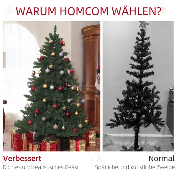 HOMCOM Künstlicher Weihnachtsbaum, 180 cm Christbaum mit 880 Spitzen, faltbar Stahlfuß, flammhemmend, für Weihnachten Deko, Indoor, Grün