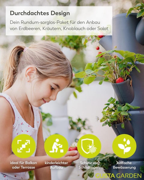 Mädchen am vertikalen Pflanzturm mit Erdbeeren. Geeignet für Balkon, Terrasse, einfacher Aufbau, Schädlingsschutz, Bewässerung. Gusta Garden Logo.