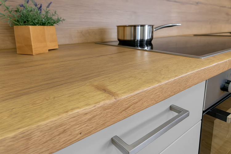 Küchenarbeitsplatte mit Kochfeld, Topf und Dekoration