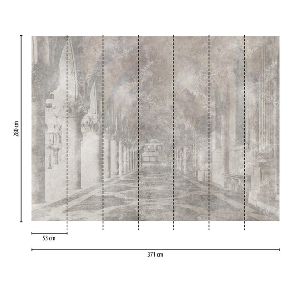 Fototapete mit weitläufiger klassischer Säulenhalle, Maße 371 mal 280 Zentimeter, sieben Bahnen à 53 Zentimeter Breite.