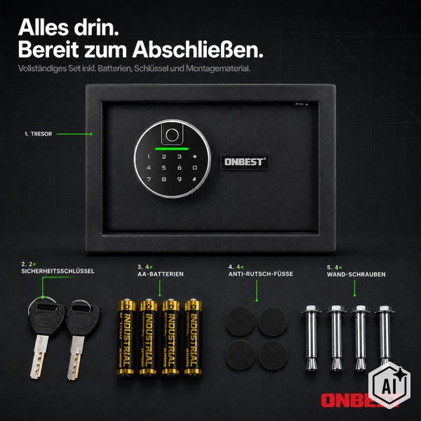 Onbest Möbeltresor Set mit Zahlenschloss inklusive zwei Sicherheitsschlüsseln, vier Batterien, vier Anti-Rutsch-Füßen und vier Wandschrauben.