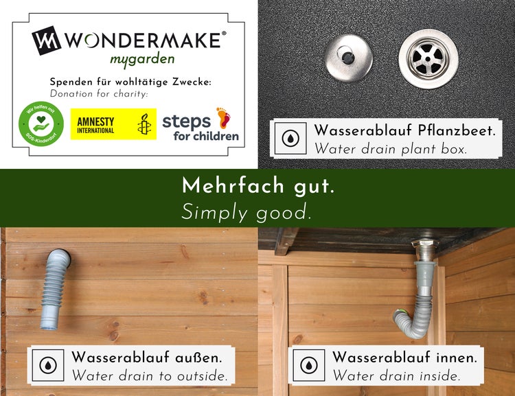 Wondermake mygarden Logo, SOS-Kinderdorf Logo, Amnesty International Logo, steps for children Logo und Details zum Wasserablauf des Pflanzbeets.