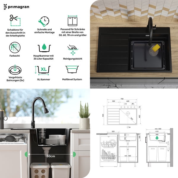 Schwarze Spüle mit Wasserhahn