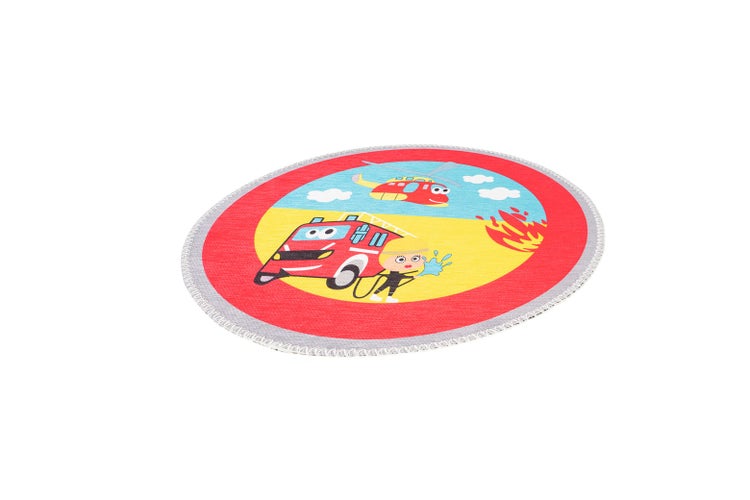 Runder Kinderteppich mit Feuerwehrmotiv, Feuerwehrauto, Hubschrauber und Feuerwehrmann