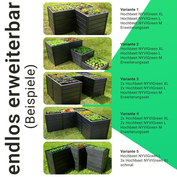 Beispiele fuer verschiedene Konfigurationen des modularen Hochbeet Systems NYVIGreen in verschiedenen Groessen und Anordnungen.
